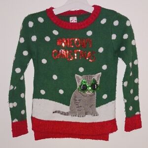 Girls Green Christmas Cat Ugly Sweater